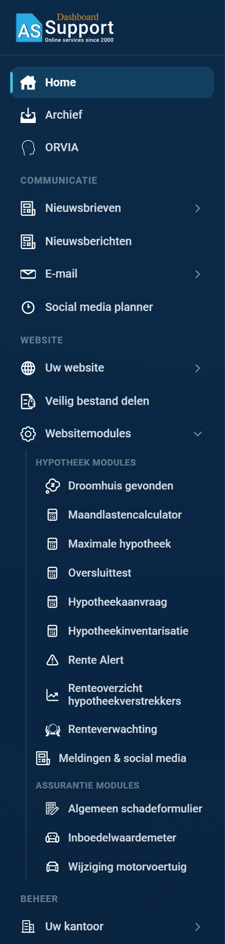 Het volledige hoofdmenu van boven naar beneden. Bovenaan het logo, daaronder Home, Archief en ORVIA. Dan de drie groepen COMMUNICATIE, WEBSITE en BEHEER met hun items, elk met een pijltje als er onderliggende items zijn. Onderaan staat Uitloggen.