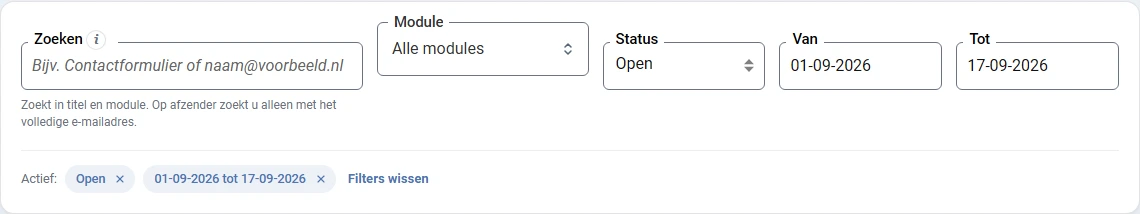 Het blok met het zoekveld en de filters. Van links naar rechts: Zoeken, Module met Alle modules, Status met Open, Van met 01-09-2026 en Tot met 17-09-2026. Onderin het blok staan twee labels, Open en de periode 01-09-2026 tot 17-09-2026, en de link Filters wissen.