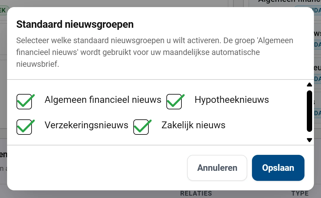 Het venster Standaard nieuwsgroepen. Bovenaan de titel met de uitleg dat u selecteert welke standaard nieuwsgroepen u wilt activeren, en dat de groep Algemeen financieel nieuws wordt gebruikt voor de maandelijkse automatische nieuwsbrief. Daaronder vier aangevinkte groepen: Algemeen financieel nieuws, Hypotheeknieuws, Verzekeringsnieuws en Zakelijk nieuws. Onderaan de knoppen Annuleren en Opslaan.