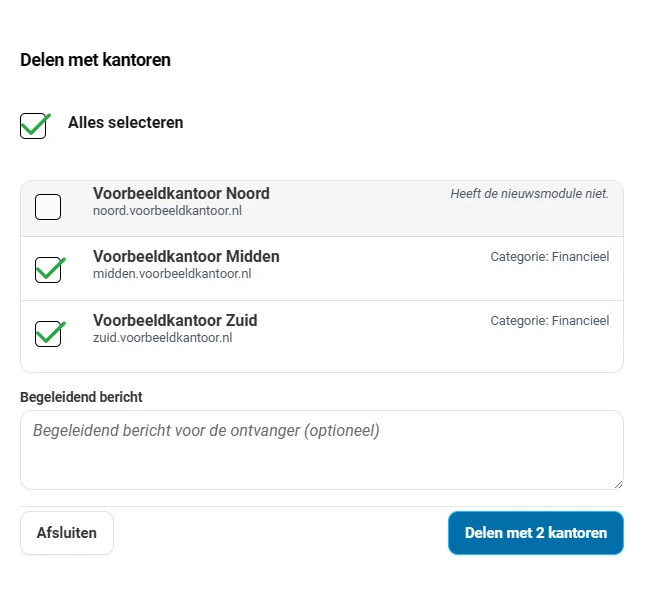 Het venster Delen met kantoren. Bovenaan het vinkje Alles selecteren. Daaronder drie kantoren onder elkaar, elk met de kantoornaam, het webadres en rechts de stand. Bij het eerste kantoor staat Heeft de nieuwsmodule niet en is het vinkje uitgeschakeld, bij de andere twee staat Categorie Financieel en zijn de vinkjes aangezet. Onderaan het veld Begeleidend bericht en de knoppen Afsluiten en Delen met 2 kantoren.