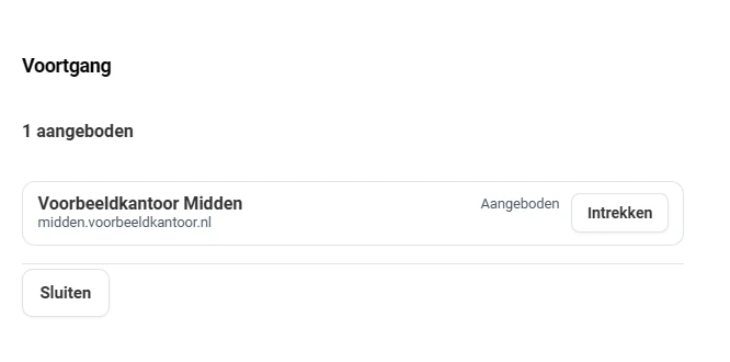 Het venster Voortgang. Bovenaan de samenvatting 1 aangeboden. Daaronder een regel met de kantoornaam en het webadres, rechts de stand Aangeboden en de knop Intrekken. Onderaan de knop Sluiten.