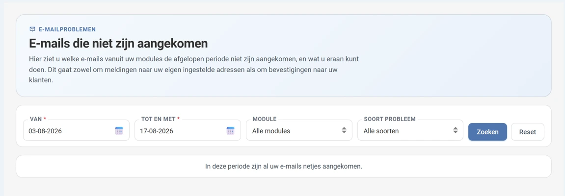 Het scherm E-mails die niet zijn aangekomen. Bovenaan de titel met uitleg. Daaronder een balk met de velden VAN en TOT EN MET, beide met een datum, en de keuzelijsten MODULE op Alle modules en SOORT PROBLEEM op Alle soorten. Rechts de knoppen Zoeken en Reset. Onderaan de melding dat in deze periode al uw e-mails netjes zijn aangekomen.