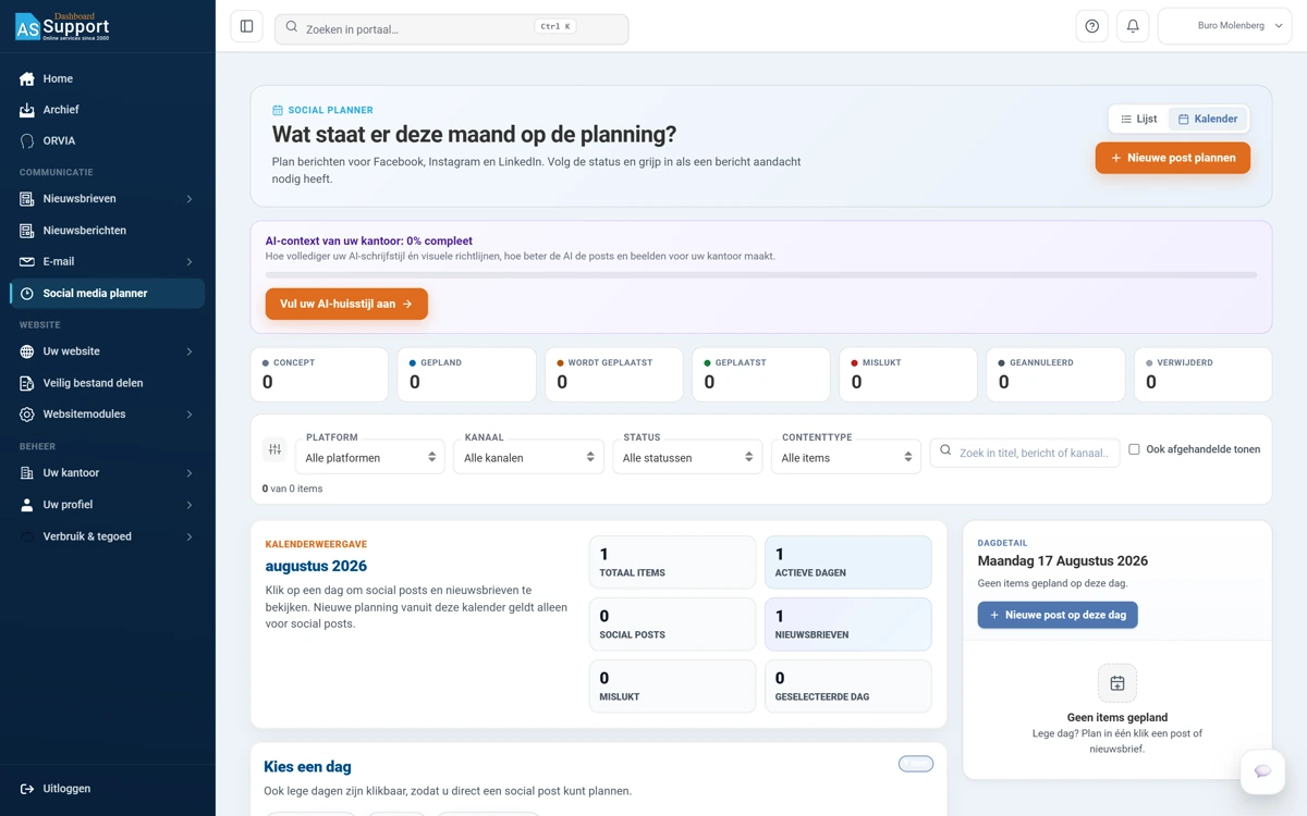 Het scherm Social media planner. Bovenaan de vraag wat er deze maand op de planning staat, met de knoppen Lijst, Kalender en Nieuwe post plannen. Daaronder een balk over de AI-context van het kantoor, en een rij tellers voor Concept, Gepland, Wordt geplaatst, Geplaatst, Mislukt, Geannuleerd en Verwijderd.