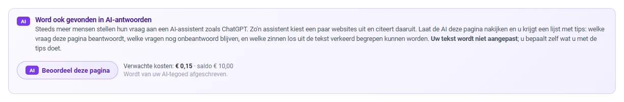 Het paarse blok Word ook gevonden in AI-antwoorden, met de uitleg dat steeds meer mensen hun vraag aan een AI-assistent zoals ChatGPT stellen, en in vet: Uw tekst wordt niet aangepast. Daaronder de knop Beoordeel deze pagina met de verwachte kosten van 0,15 euro.