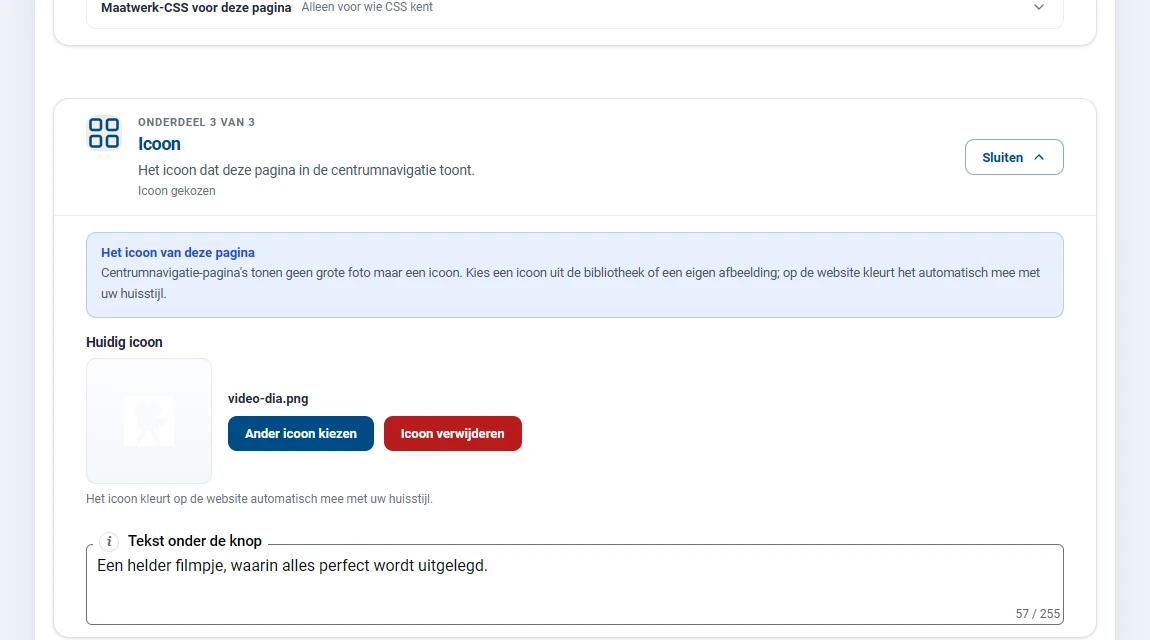 Onderdeel 3 van 3 van een centrumnavigatiepagina, met de titel Icoon, de regel Icoon gekozen en rechts de knop Sluiten. Daaronder een blauw kader met uitleg over het icoon, het huidige icoon met de knoppen Ander icoon kiezen en Icoon verwijderen, en onderaan het veld Tekst onder de knop met een ingevulde regel en de teller 57 van 255.