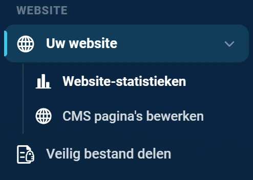 Het deel van het menu onder de kop WEBSITE. Uw website is opengeklapt en lichter gekleurd, met daaronder Website-statistieken en CMS pagina's bewerken. Daaronder staan Veilig bestand delen en Websitemodules.