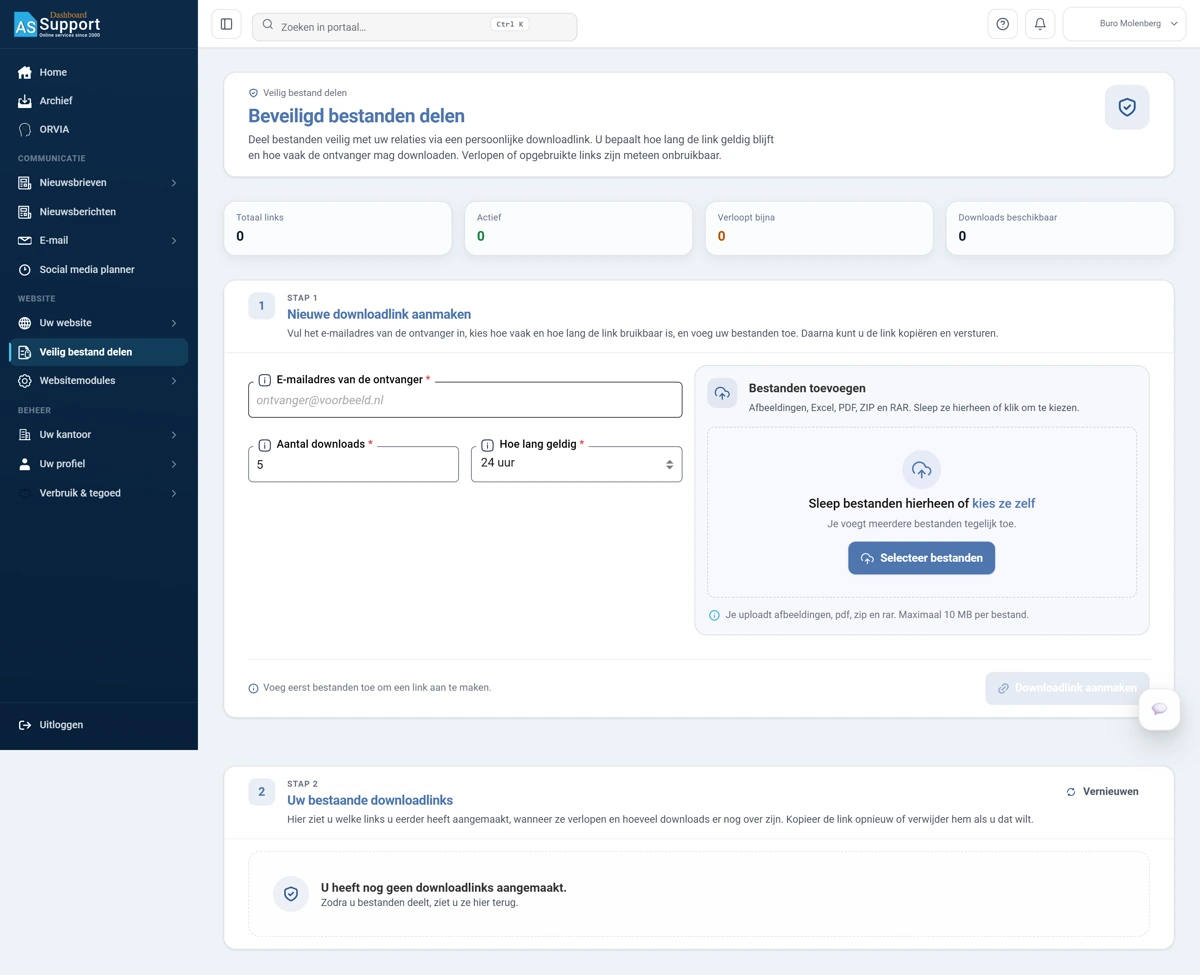 Het scherm Beveiligd bestanden delen. Bovenaan de uitleg, daaronder vier tellers. Dan het blok STAP 1 Nieuwe downloadlink aanmaken met links de velden E-mailadres van de ontvanger, Aantal downloads en Hoe lang geldig, en rechts een vlak om bestanden naartoe te slepen. Onderaan het blok STAP 2 Uw bestaande downloadlinks.