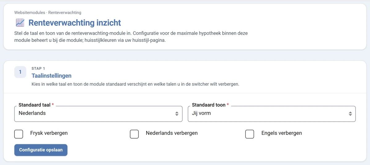 Het scherm Renteverwachting inzicht met daaronder stap 1 Taalinstellingen. Daarin staan de keuzelijsten Standaard taal op Nederlands en Standaard toon, drie vinkjes om Frysk, Nederlands of Engels te verbergen, en de knop Configuratie opslaan.