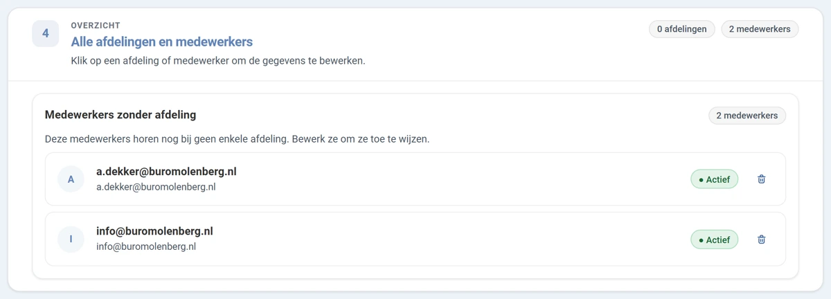 Stap 4 Alle afdelingen en medewerkers, met rechts de labels 0 afdelingen en 2 medewerkers. Daaronder het blok Medewerkers zonder afdeling met twee regels. Elke regel toont een rondje met een letter, de naam, het e-mailadres, het groene label Actief en rechts een prullenbak.