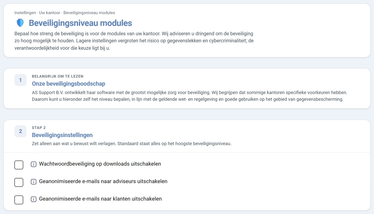 Het scherm Beveiligingsniveau modules. Bovenaan de titel met het advies om de beveiliging zo hoog mogelijk te houden. Daaronder blok 1 Onze beveiligingsboodschap. Onderin blok 2 Beveiligingsinstellingen met drie lege aanvinkvakjes: Wachtwoordbeveiliging op downloads uitschakelen, Geanonimiseerde e-mails naar adviseurs uitschakelen en Geanonimiseerde e-mails naar klanten uitschakelen.