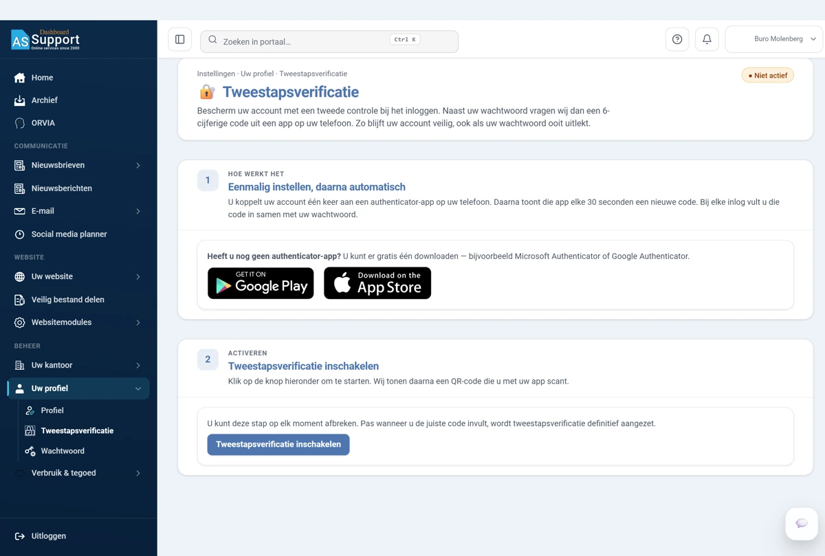 Het scherm Tweestapsverificatie. Rechtsboven staat het oranje label Niet actief. Daaronder het blok Eenmalig instellen, daarna automatisch, met twee downloadknoppen voor Google Play en de App Store. Onderaan het blok Tweestapsverificatie inschakelen met de blauwe knop.