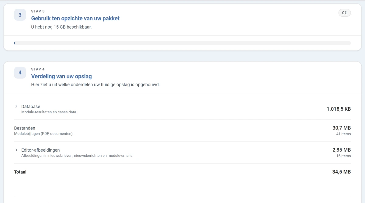 Stap 3 Gebruik ten opzichte van uw pakket met rechts het label 0 procent en een vrijwel lege balk. Daaronder stap 4 Verdeling van uw opslag met de regels Database 1.018,5 KB, Bestanden 30,7 MB met 41 items, Editor-afbeeldingen 2,85 MB met 16 items, en onderaan Totaal 34,5 MB.
