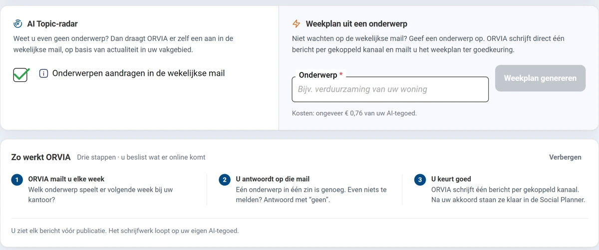 Twee kaarten naast elkaar. Links AI Topic-radar met de aangevinkte keuze Onderwerpen aandragen in de wekelijkse mail. Rechts Weekplan uit een onderwerp met het verplichte veld Onderwerp, de knop Weekplan genereren en de regel over de kosten. Daaronder het blok Zo werkt ORVIA met drie stappen: ORVIA mailt u elke week, U antwoordt op die mail, en U keurt goed.