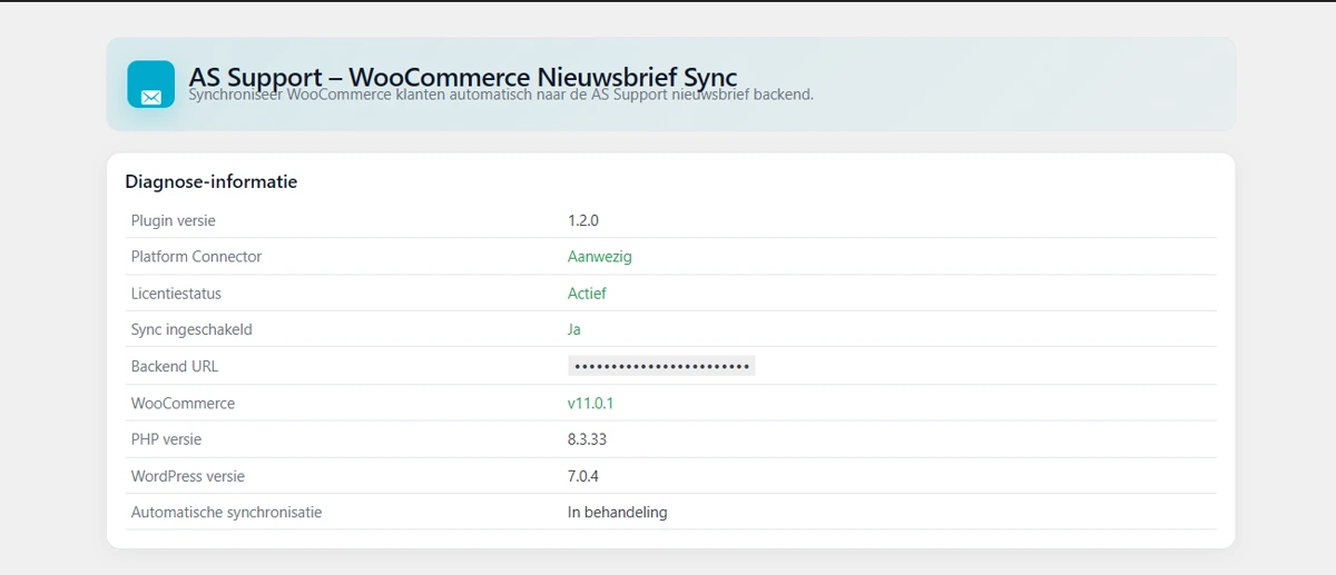 Het scherm Diagnose-informatie. Een tabel met de pluginversie, of de Platform Connector aanwezig is, de licentiestatus, of de synchronisatie is ingeschakeld, het afgedekte adres van de backend, en de versies van WooCommerce, PHP en WordPress. Onderaan staat bij welke orderstatus er automatisch wordt gesynchroniseerd.
