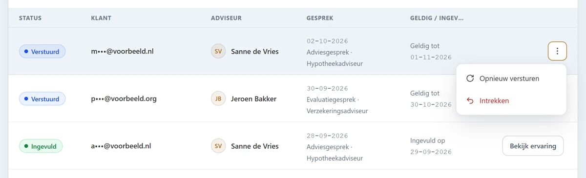 Drie rijen van de lijst Uitnodigingen. Bij de eerste rij, met de status Verstuurd, is het menu met drie puntjes geopend. Het menu toont twee acties: Opnieuw versturen en Intrekken in rood. Bij de derde rij, met de status Ingevuld, staat de losse knop Bekijk ervaring.
