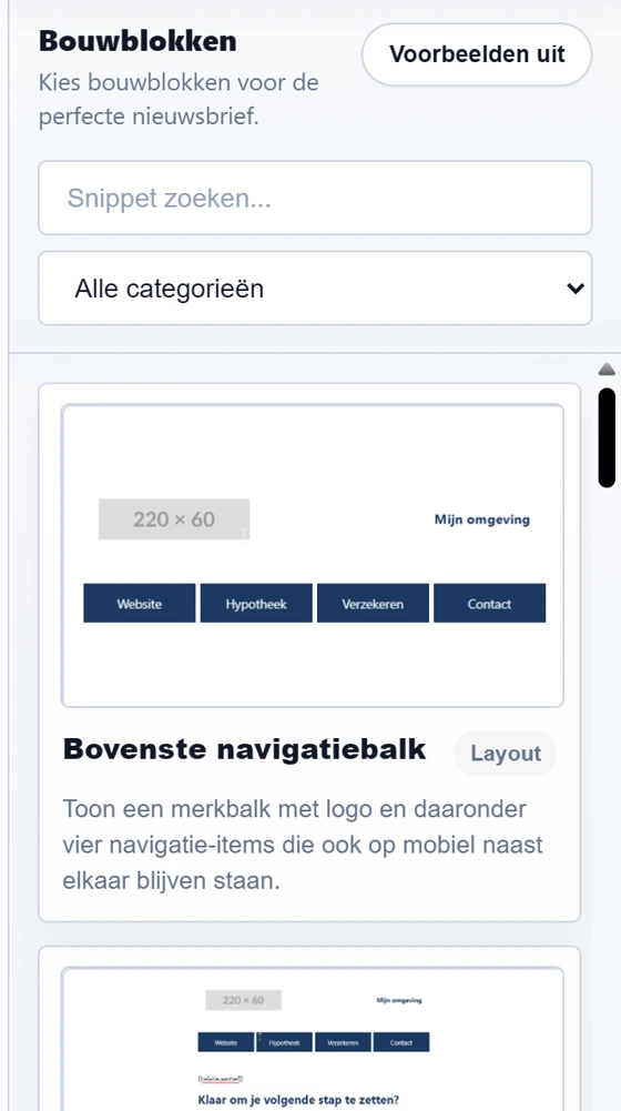 De zijbalk Bouwblokken in de e-mailmodus. Bovenaan de titel met de knop Voorbeelden uit, daaronder het zoekveld Snippet zoeken en de keuzelijst Alle categorieën. Daaronder twee bouwblokken met een voorbeeldplaatje, een naam, een label voor de groep en een korte uitleg.