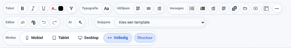 De werkbalk in de webmodus. Dezelfde groepjes als in de e-mailmodus, maar zonder het groepje Relatie. In het groepje Invoegen staat naast de knoppen voor lijsten, link, afbeelding en tabel ook de knop Video invoegen. Daaronder het groepje Snippets met de keuzelijst Kies een template, en het groepje Modus met de knoppen Mobiel, Tablet, Desktop, Volledig en Structuur.